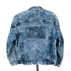 Vintage TYCA Embossed Denim Jacket LARGE Pharmacy USPS Postage Stamp Acid Wash